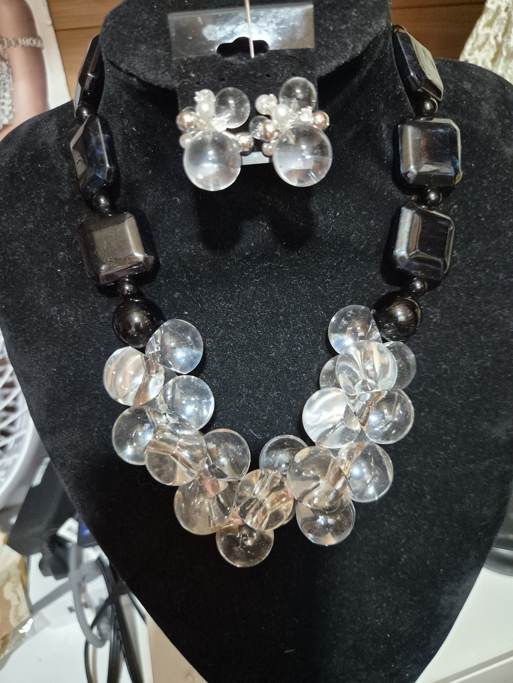 Clear and Black Bead Necklace with Matching Earrings
